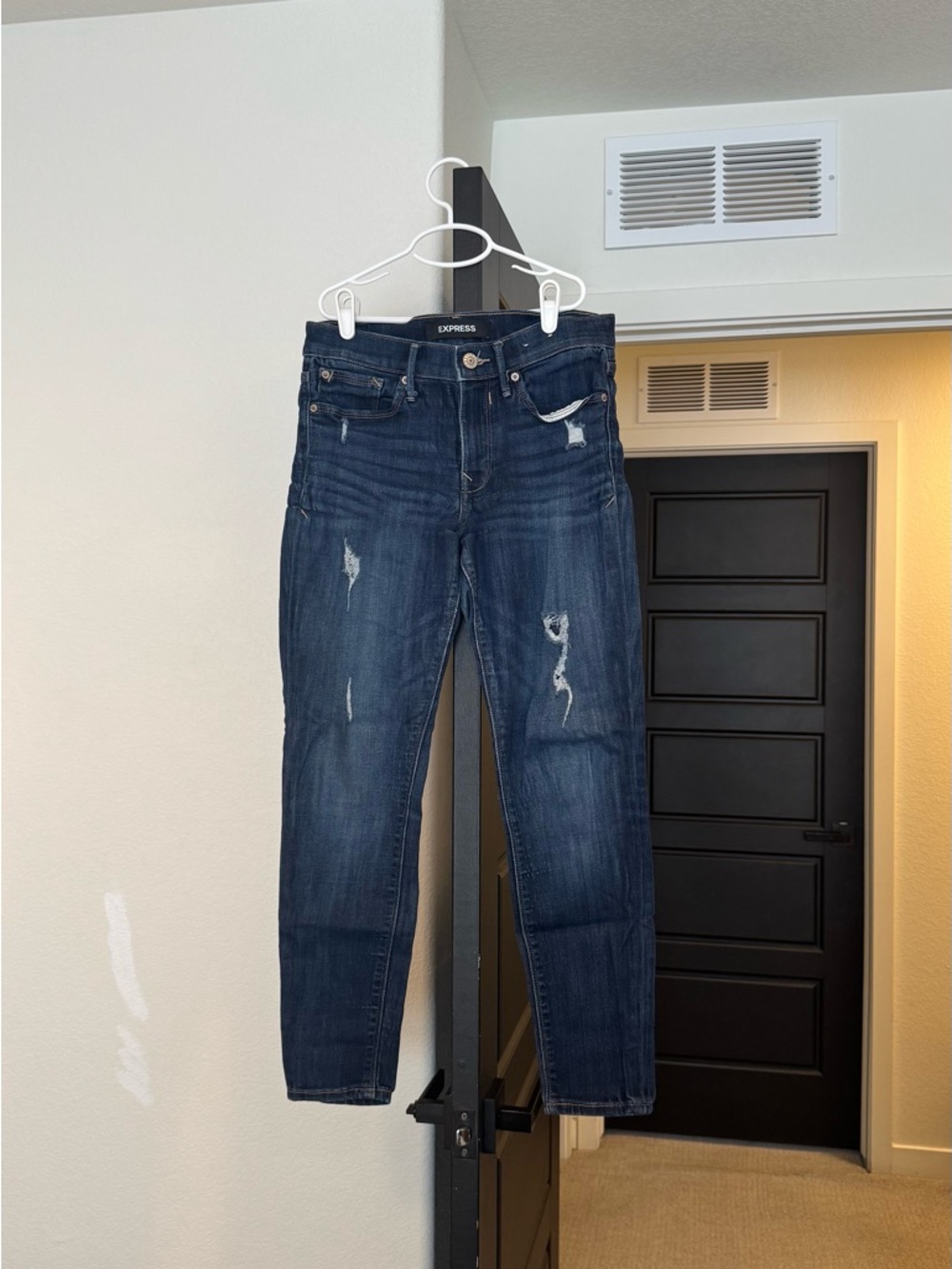 Express Women's Dark Indigo Skinny Jeans with Distressed Details
